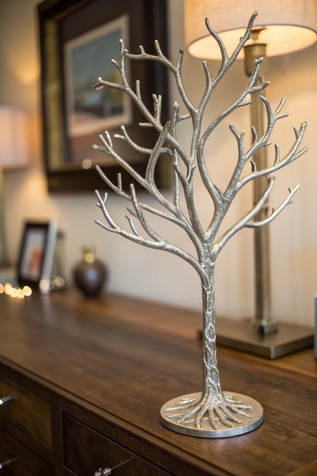 Elegance Meets Craftsmanship: A Stunning Jewelry Tree for Your Vanity.