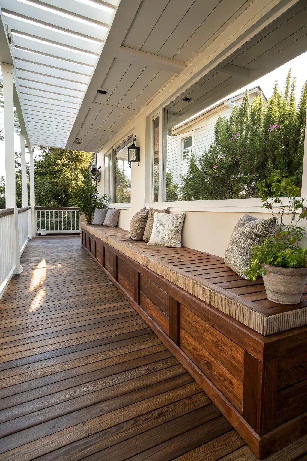 Experience the perfect blend of style and functionality with these expertly crafted built-in benches for your deck.
