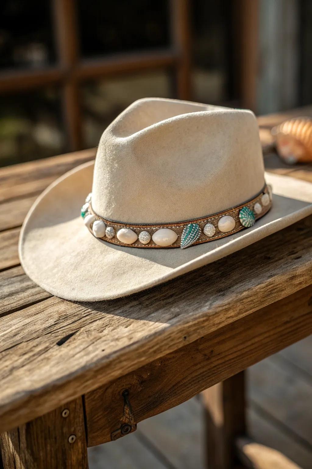 Embrace coastal vibes with a cowboy hat band crafted from seashells and stones, blending rugged style and beachy elegance.