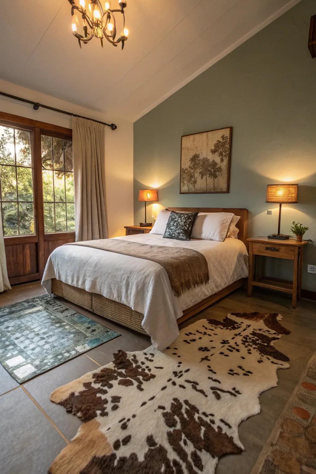 Cozy bedroom with soft lighting accentuating a cowhide rug.