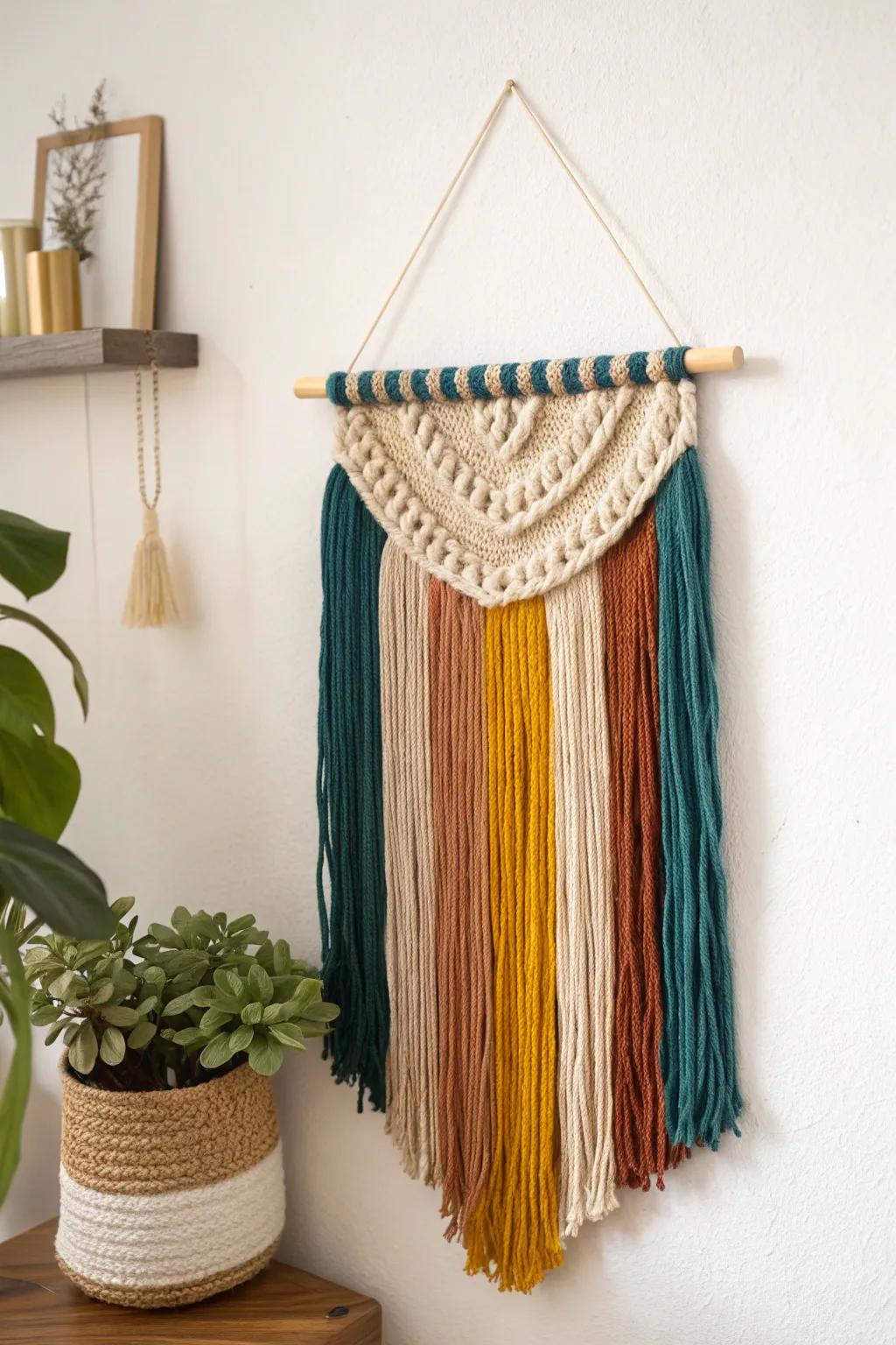 Transform your space with a touch of bohemian elegance—discover the art of crafting a stunning yarn wall hanging.