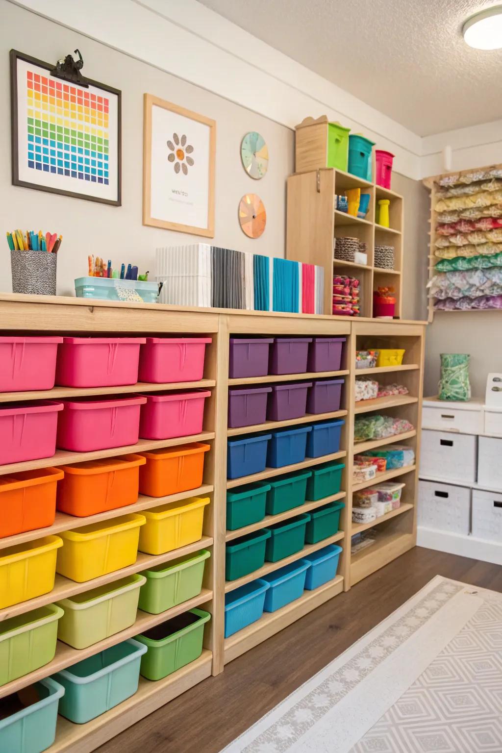 Color-coordinated storage bins create visual harmony.
