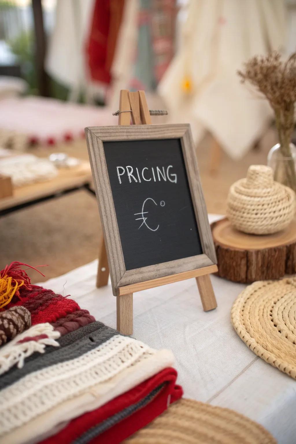 Elevate your craft show display with charming chalkboard pricing labels that blend rustic elegance with minimalist design.