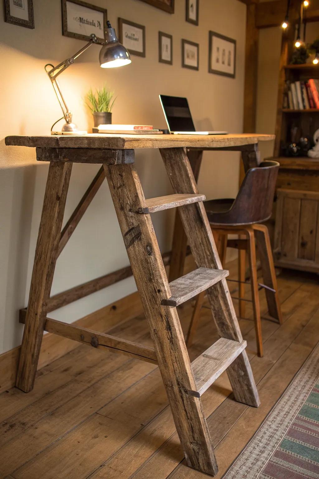 Elevate your workspace with rustic charm: repurposed ladder legs for a unique desk.