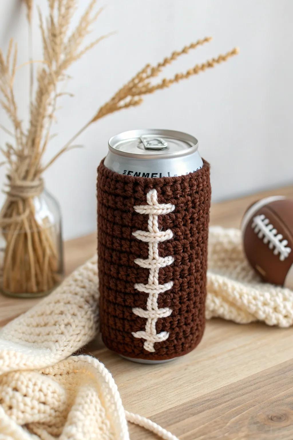 Score a touchdown with this charming football drink cozy, perfect for game day cheers!