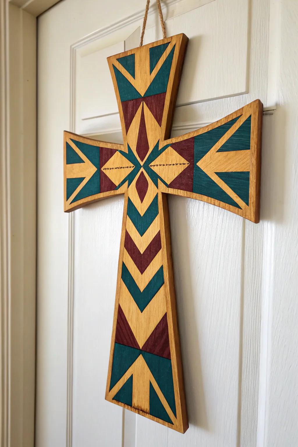 Elevate your entryway with a geometric-patterned cross door hanger; where bold design meets minimalist elegance.