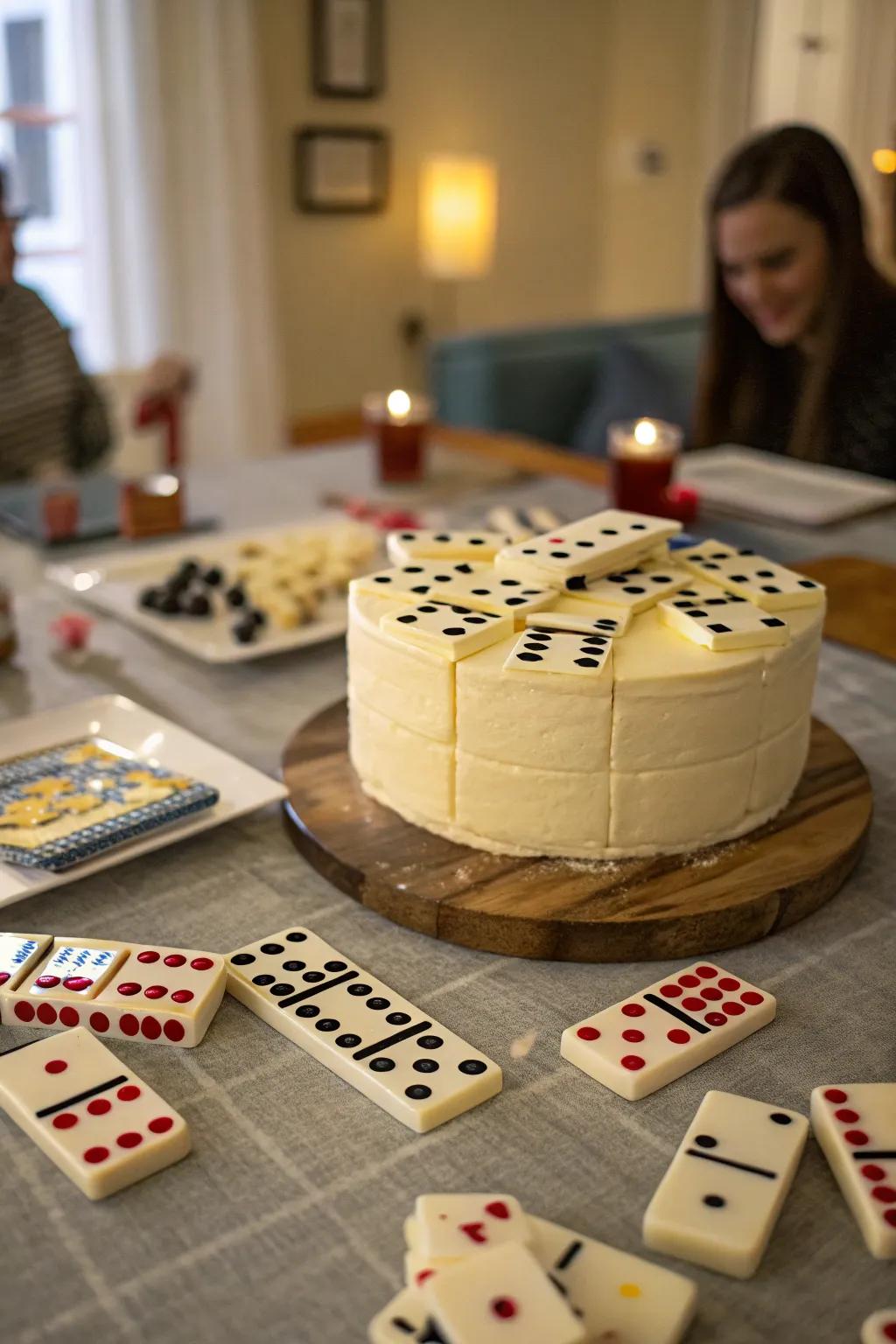 A playful cake with domino tile decorations.