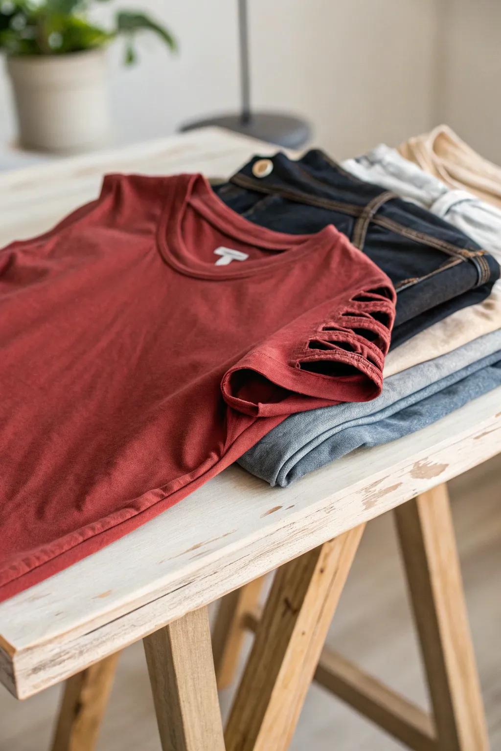Transform your old band tee into a statement piece with chic slashed sleeves for a touch of rockstar rebellion.
