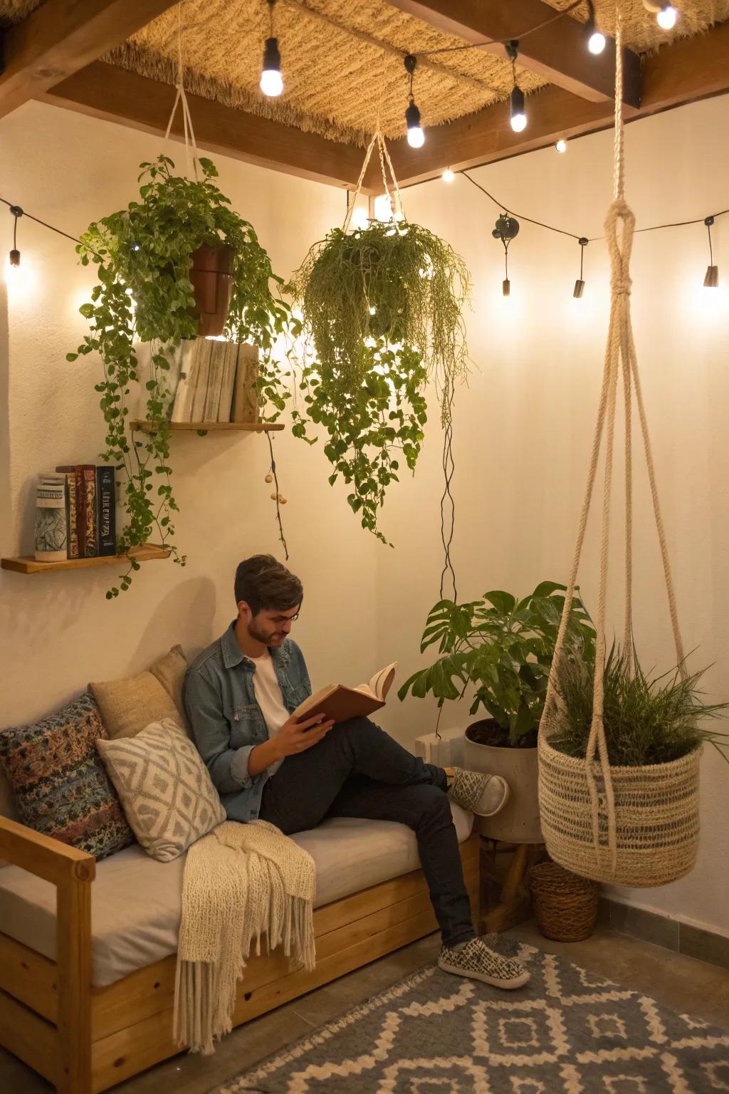 Hanging plants create a dreamy, floating garden.