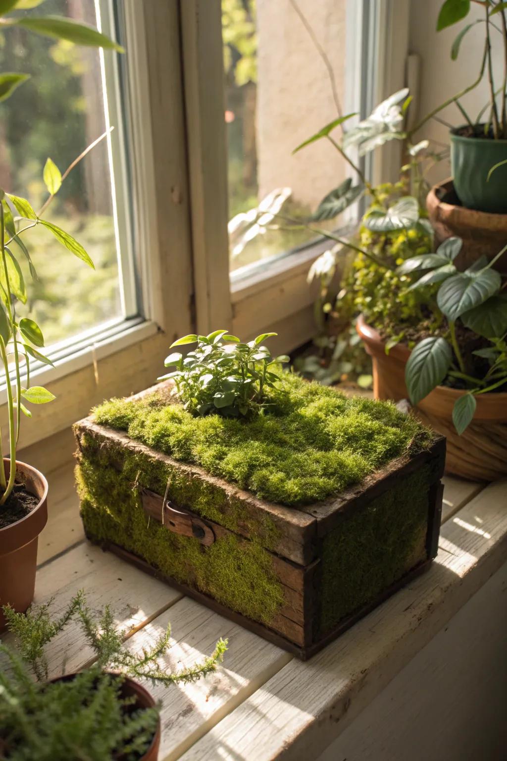 A nature-inspired box covered in lush moss for a fresh look.