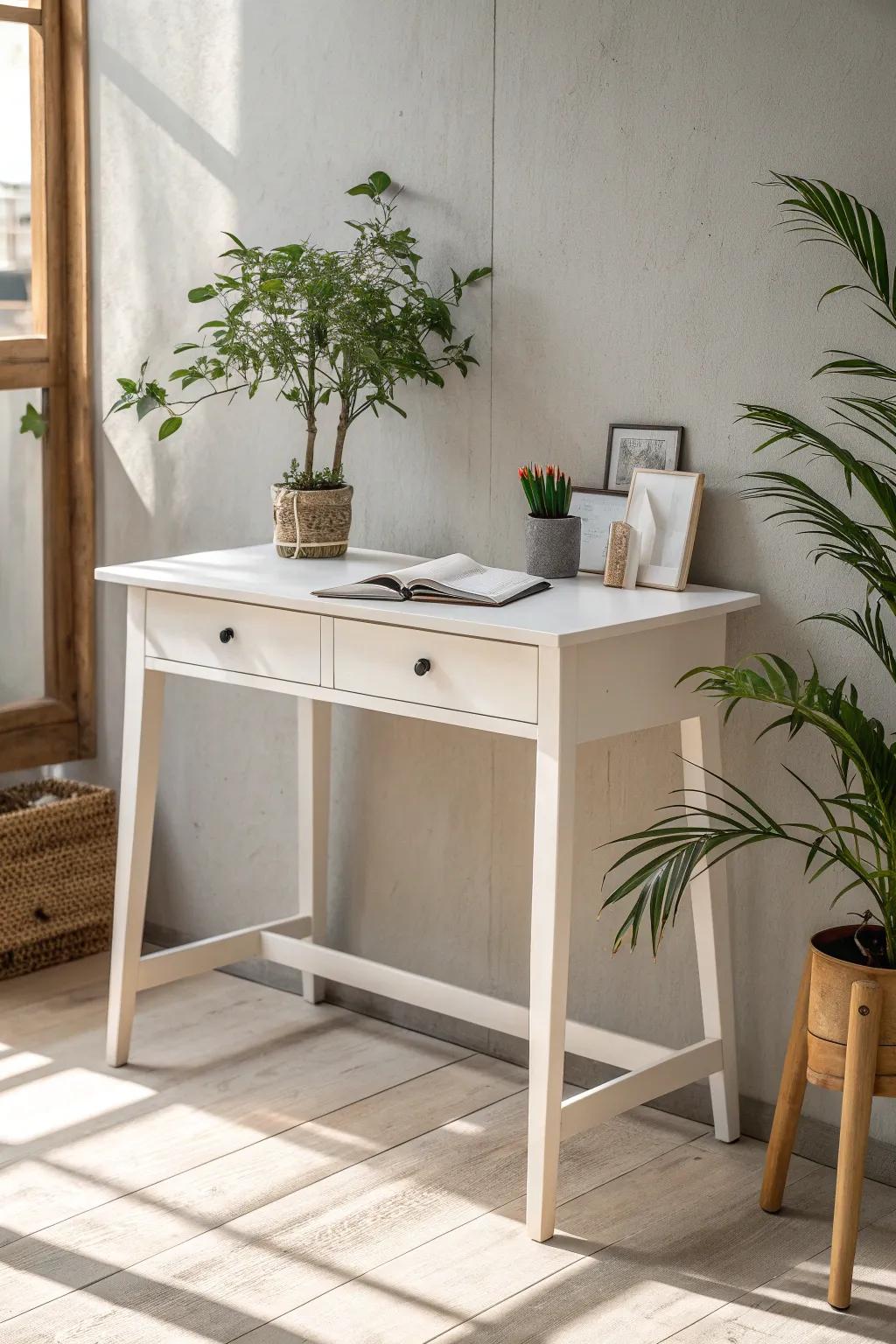 Transform your workspace with a minimalist monochrome desk that breathes simplicity and elegance into any room. #ScandinavianChic #BohoMinimalism