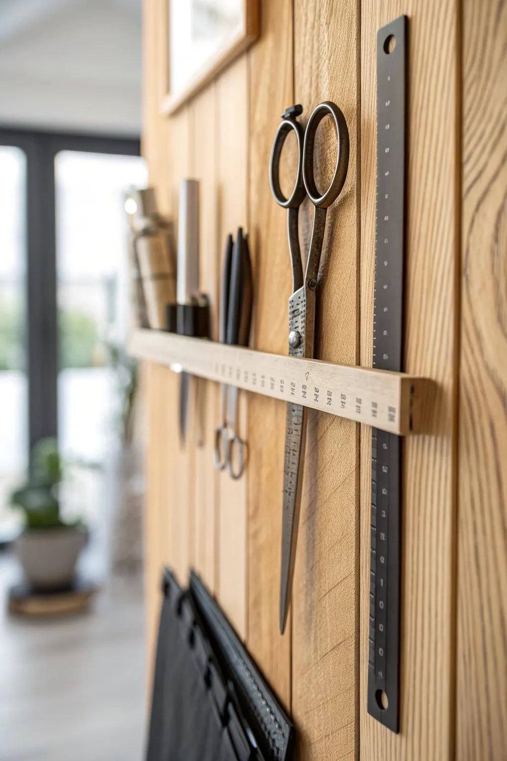 Keep your art tools organized and stylish with a chic magnetic strip solution.