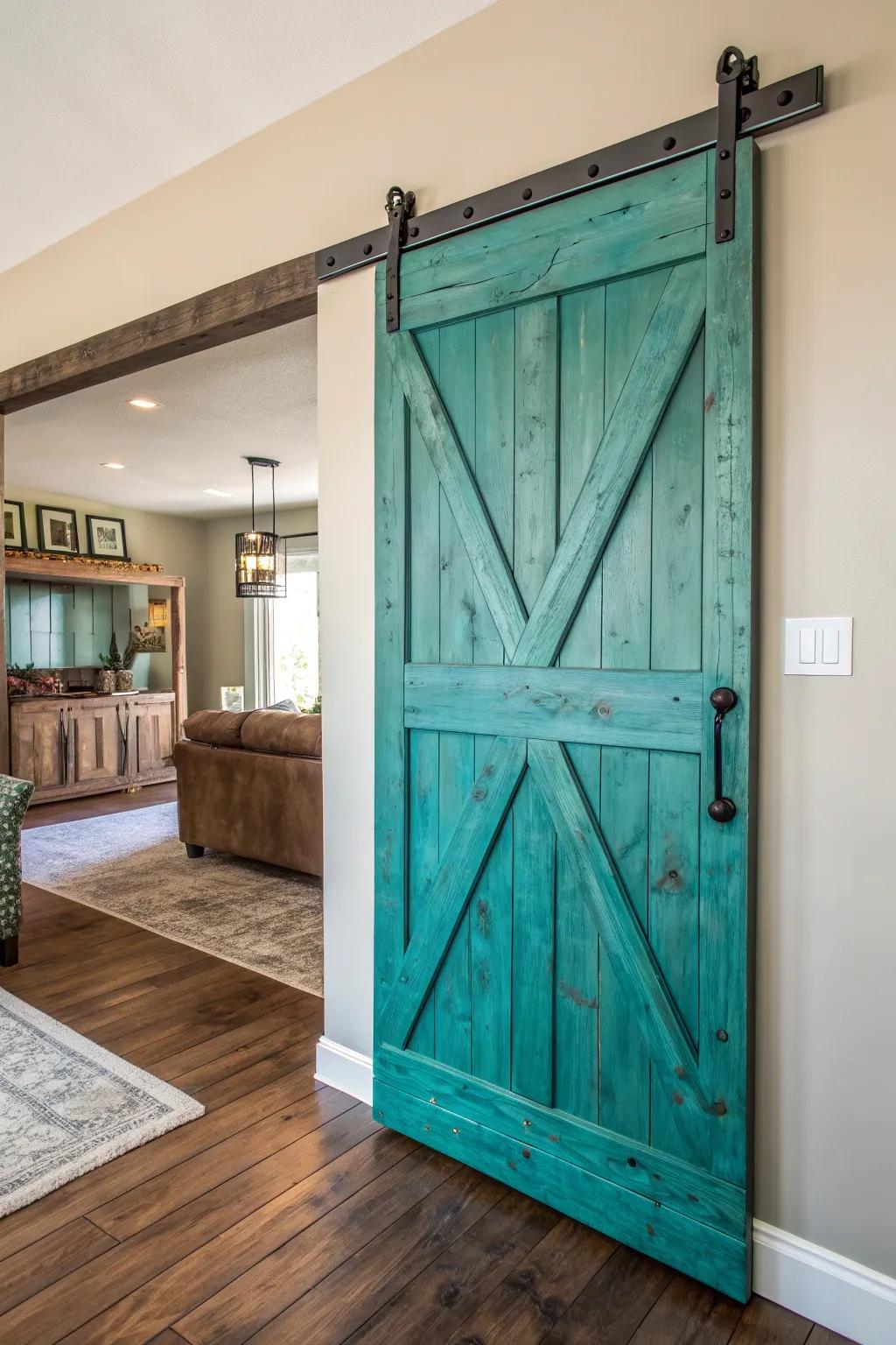 Transform your space with a stunning teal barn door that combines bold color with exquisite craftsmanship.