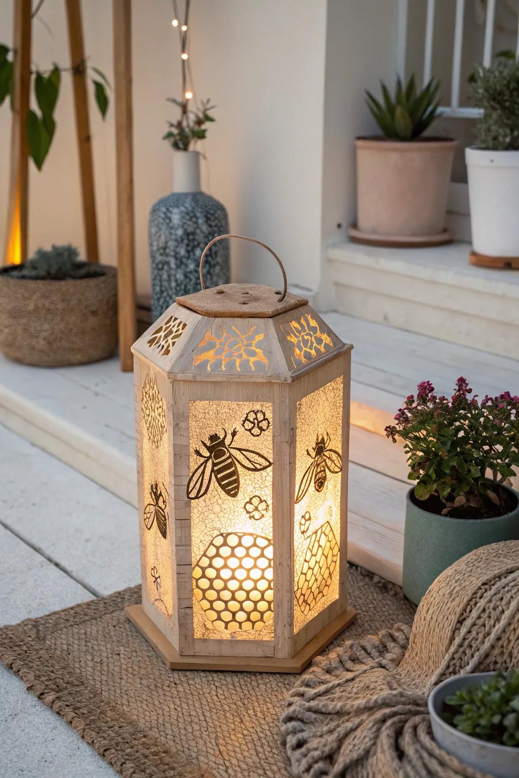 Illuminate your space with the enchanting glow of bee and honeycomb lanterns, where simplicity meets natural beauty.