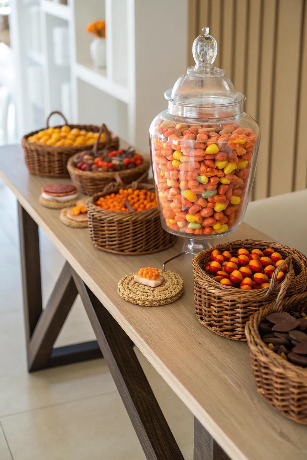 Embrace the season with a chic candy display that captures the essence of autumn simplicity and beauty!