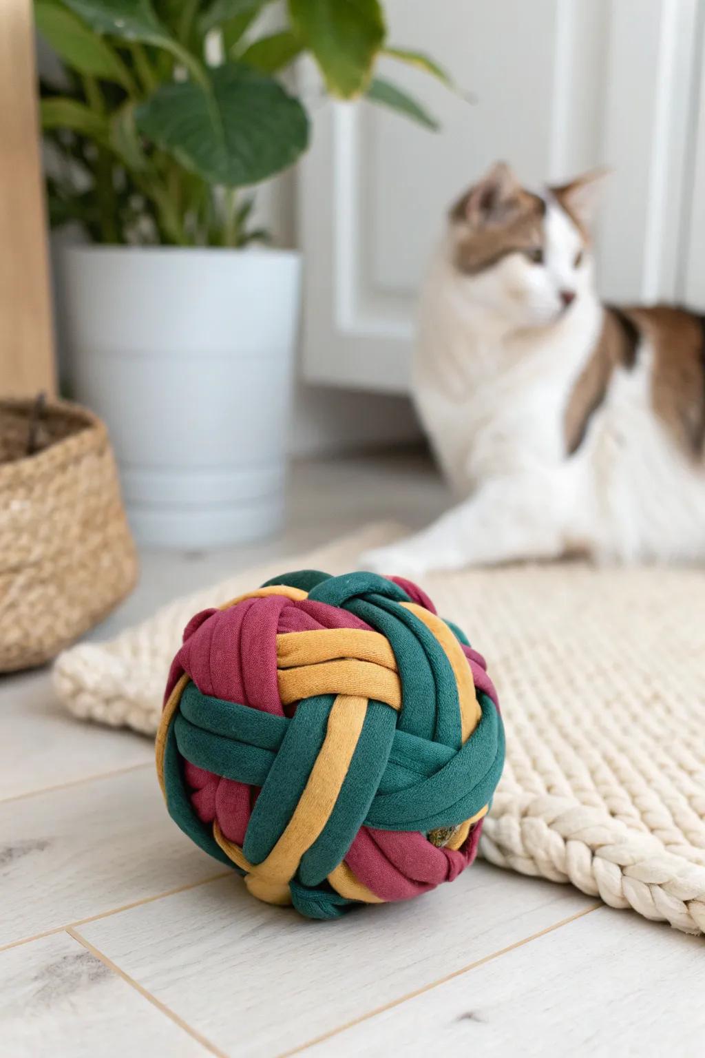 Upcycle with style: A colorful knot toy for your feline friend, combining eco-friendliness with Scandinavian minimalism.