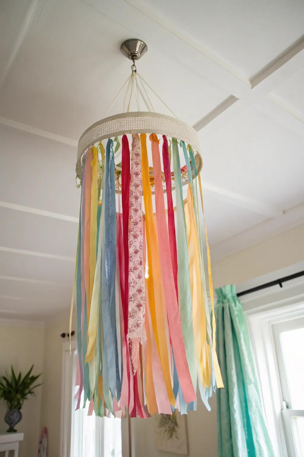 Add a splash of color and whimsy to any room with a vibrant DIY fabric fringe chandelier!