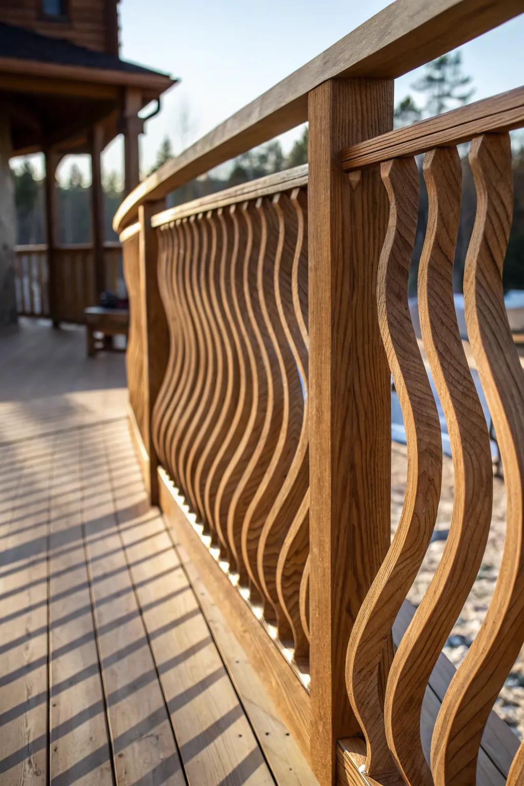 Elevate your deck with the elegance of wavy wooden railings.
