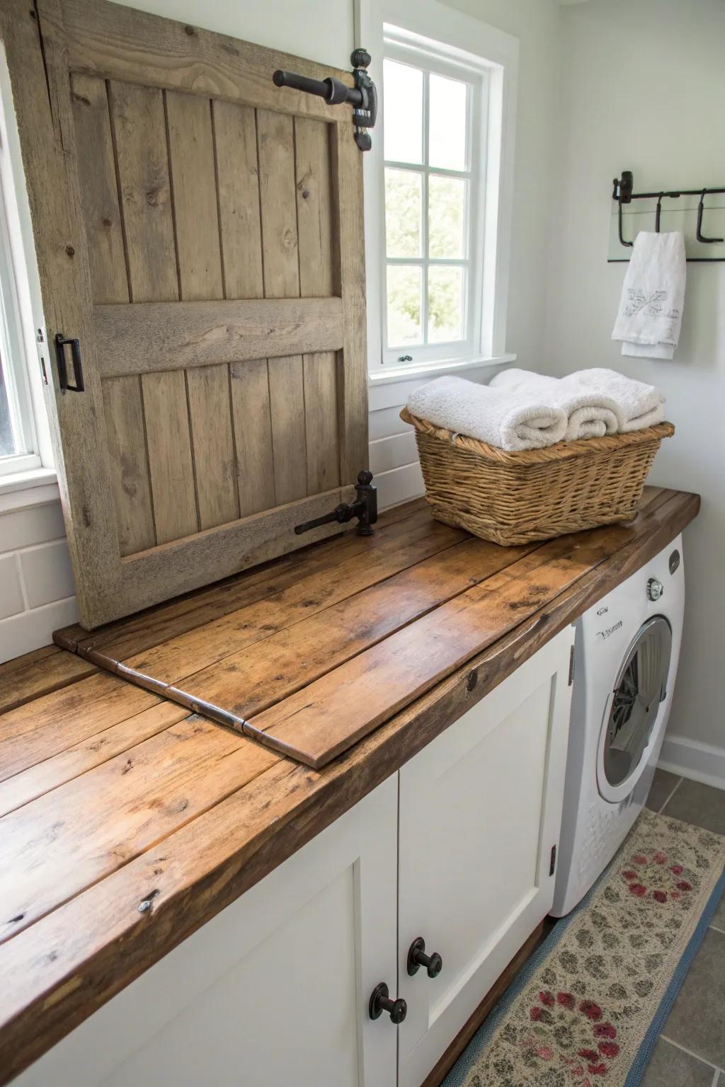 Transform your laundry space with the rustic charm of a repurposed door countertop.