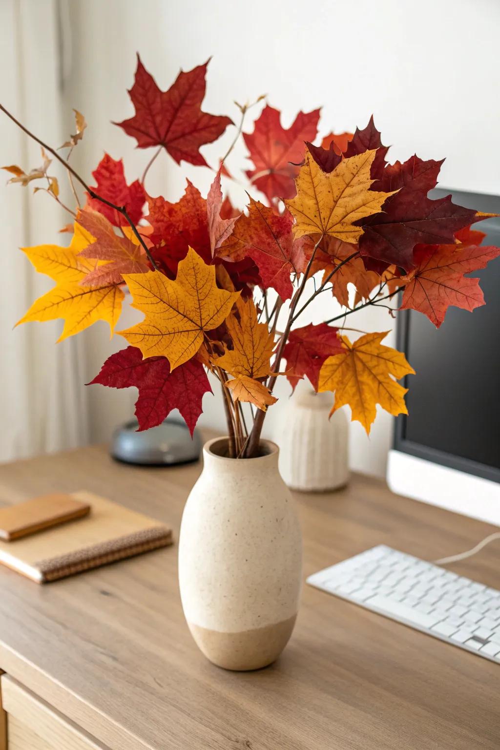 Elevate your workspace with a touch of autumn elegance: a chic fall leaf vase that brings the outdoors inside.