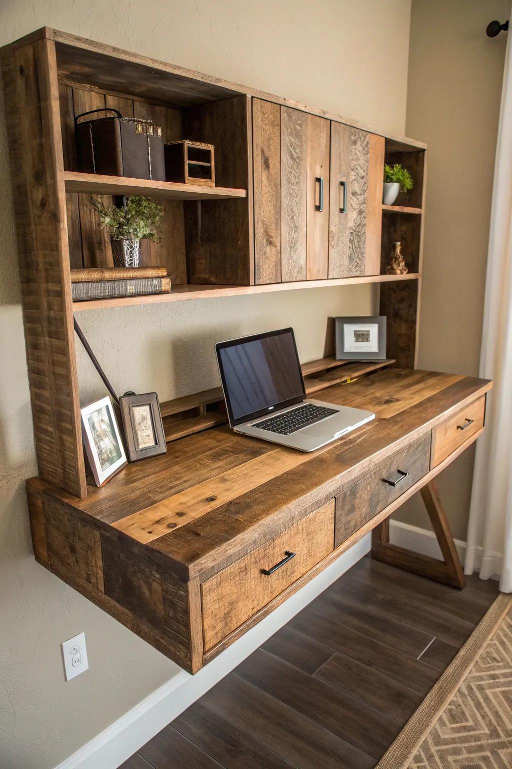 Transform your space with the timeless allure of a rustic reclaimed wood floating desk.