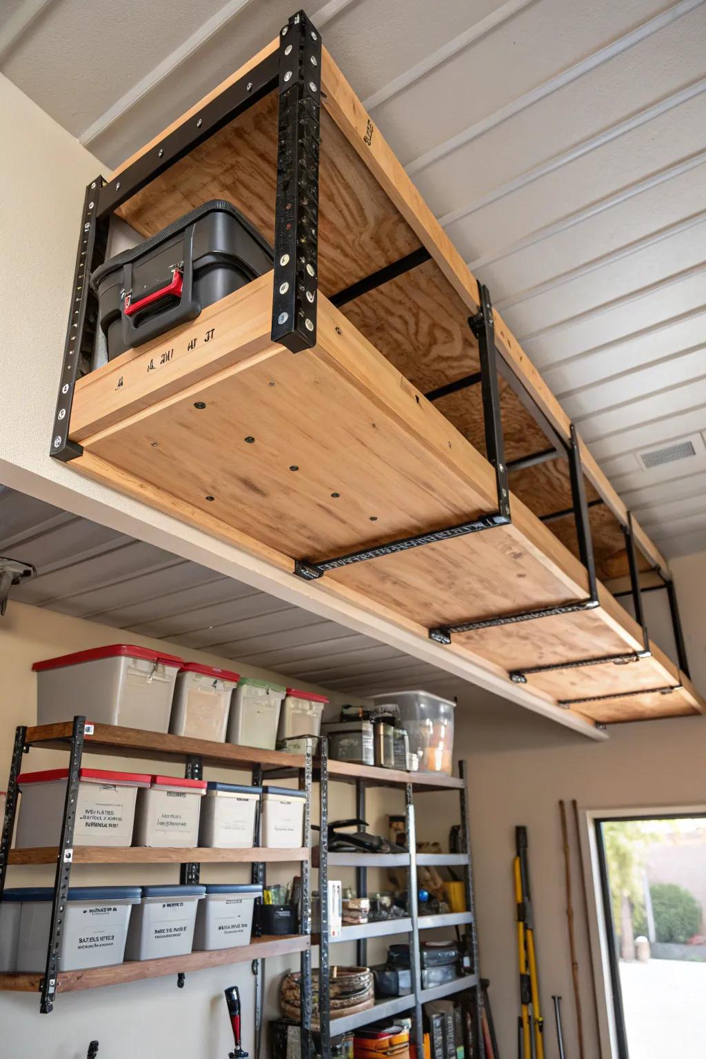 Elevate your garage organization with expertly crafted overhead storage racks.
