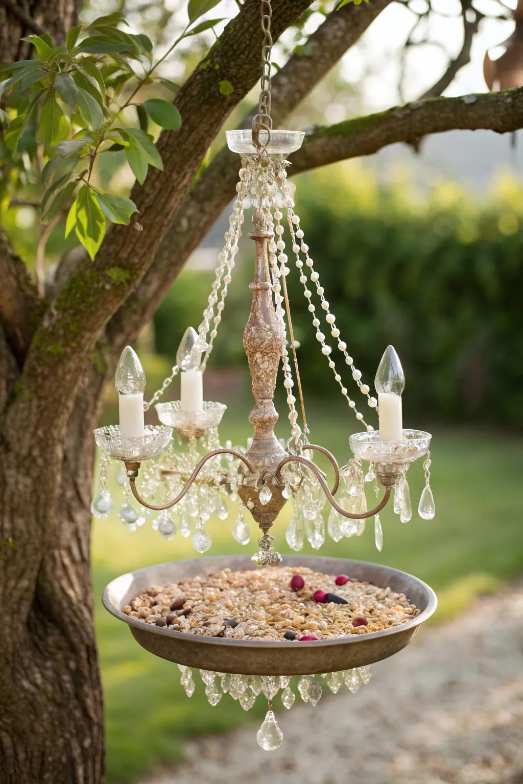 Transform your garden with a touch of elegance: a chandelier bird feeder that invites nature’s beauty.