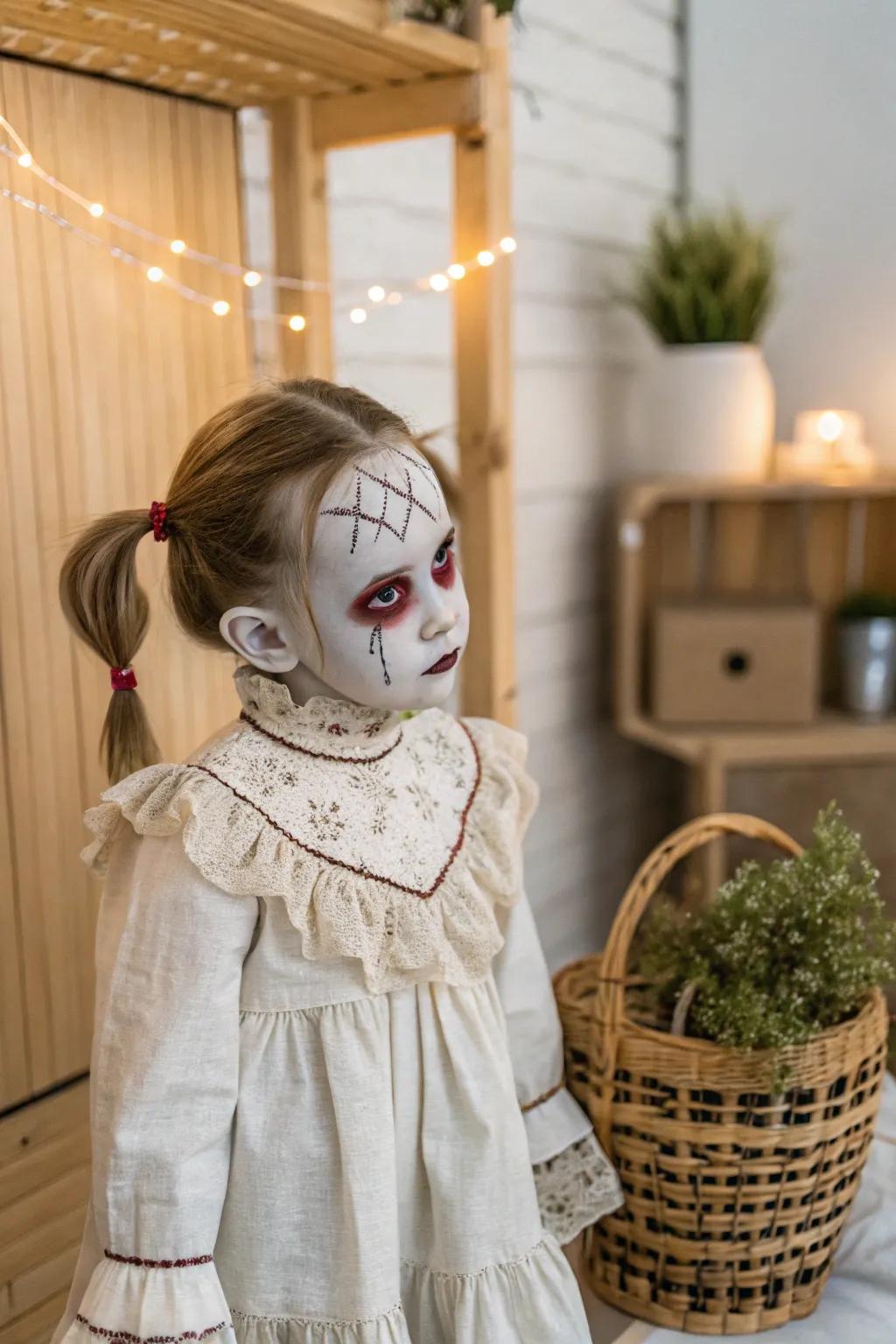 Embrace the eerie elegance of a haunted doll this Halloween with a blend of minimalist and boho charm.