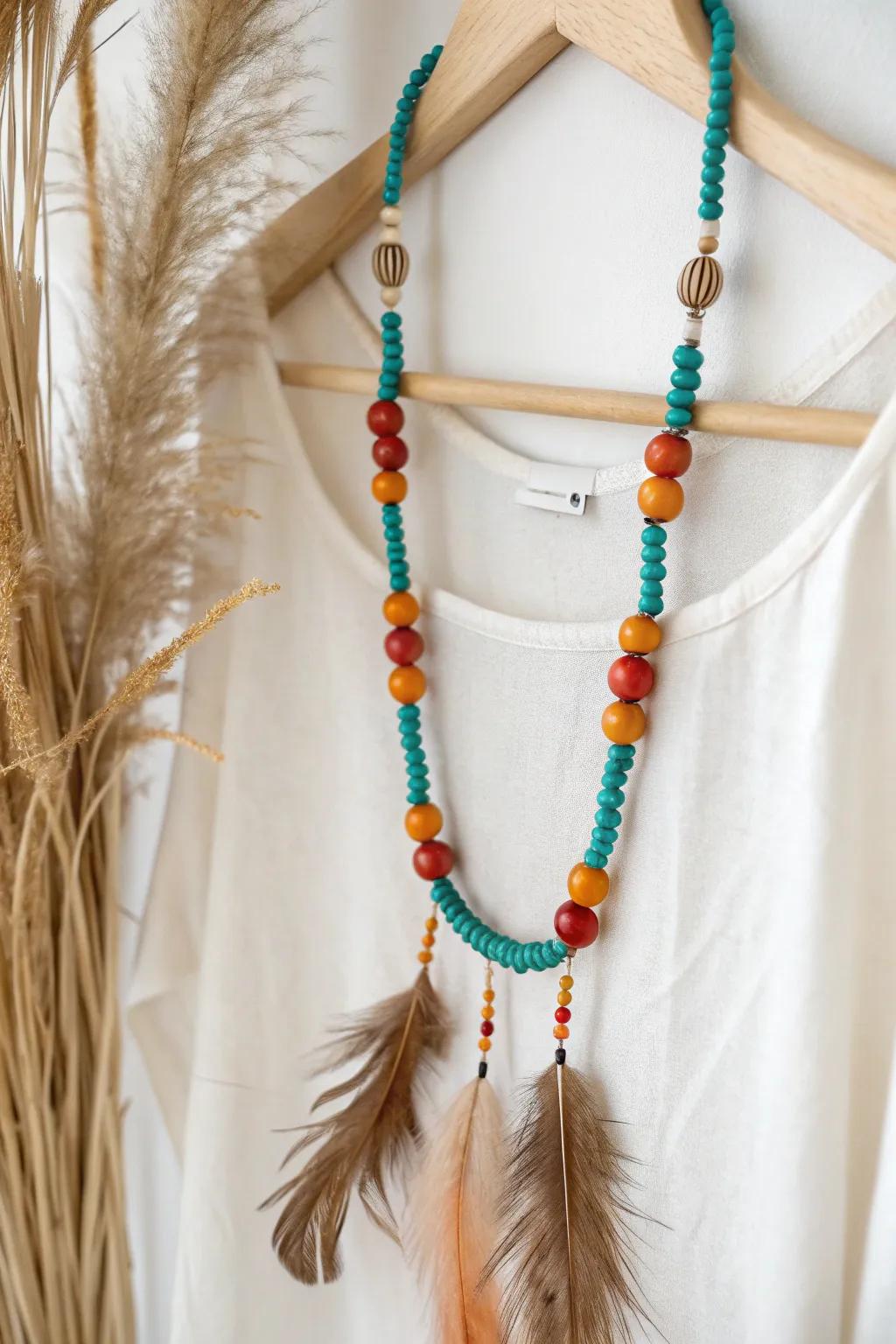 Elevate your bohemian style with layers of vibrant beads and soft feathers, embracing simplicity and boldness.
