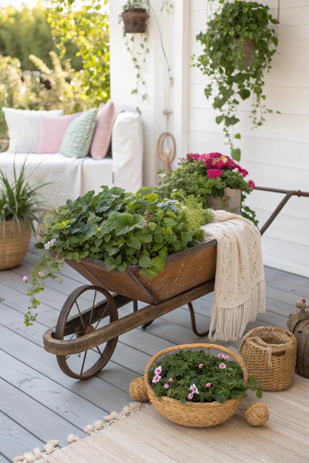 Transform your garden with a charming wheelbarrow planter—where rustic meets elegance.