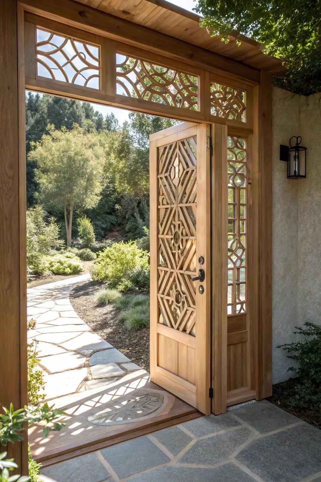 Elevate your garden entrance with a chic lattice door, where style meets nature.