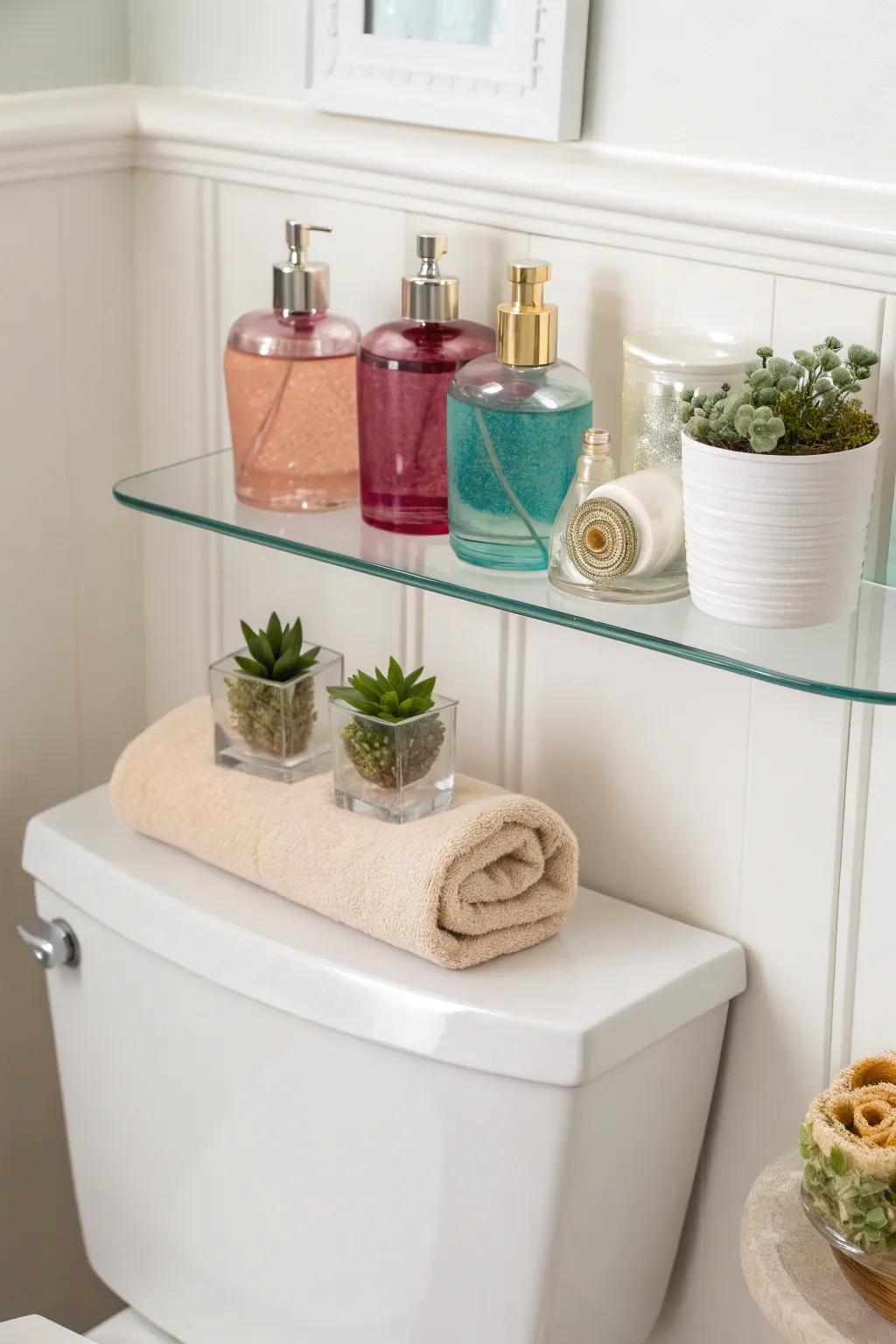 Elevate your bathroom aesthetics with a sleek acrylic shelf—perfect for a modern, airy touch.