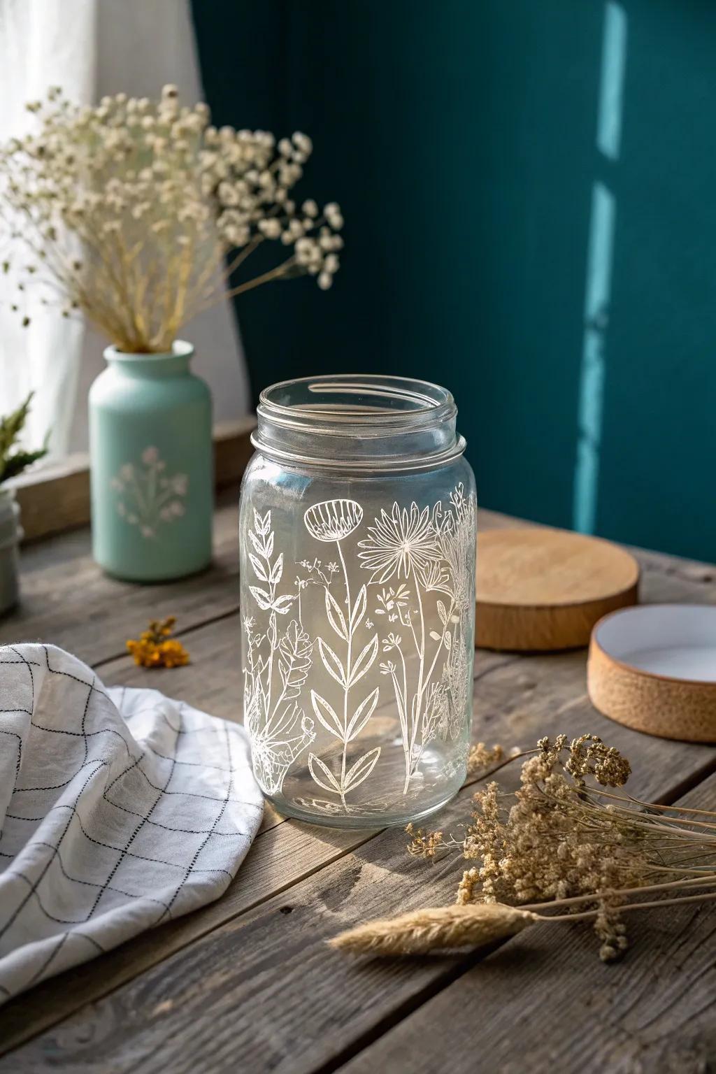 Elevate your drinkware with handcrafted etched mason jars that blend simplicity and elegance for a stunning table centerpiece.