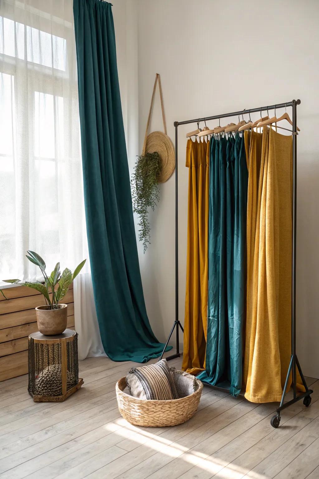 Transform your space with a touch of boho elegance: a chic room divider made from curtains on a vintage clothes rack.