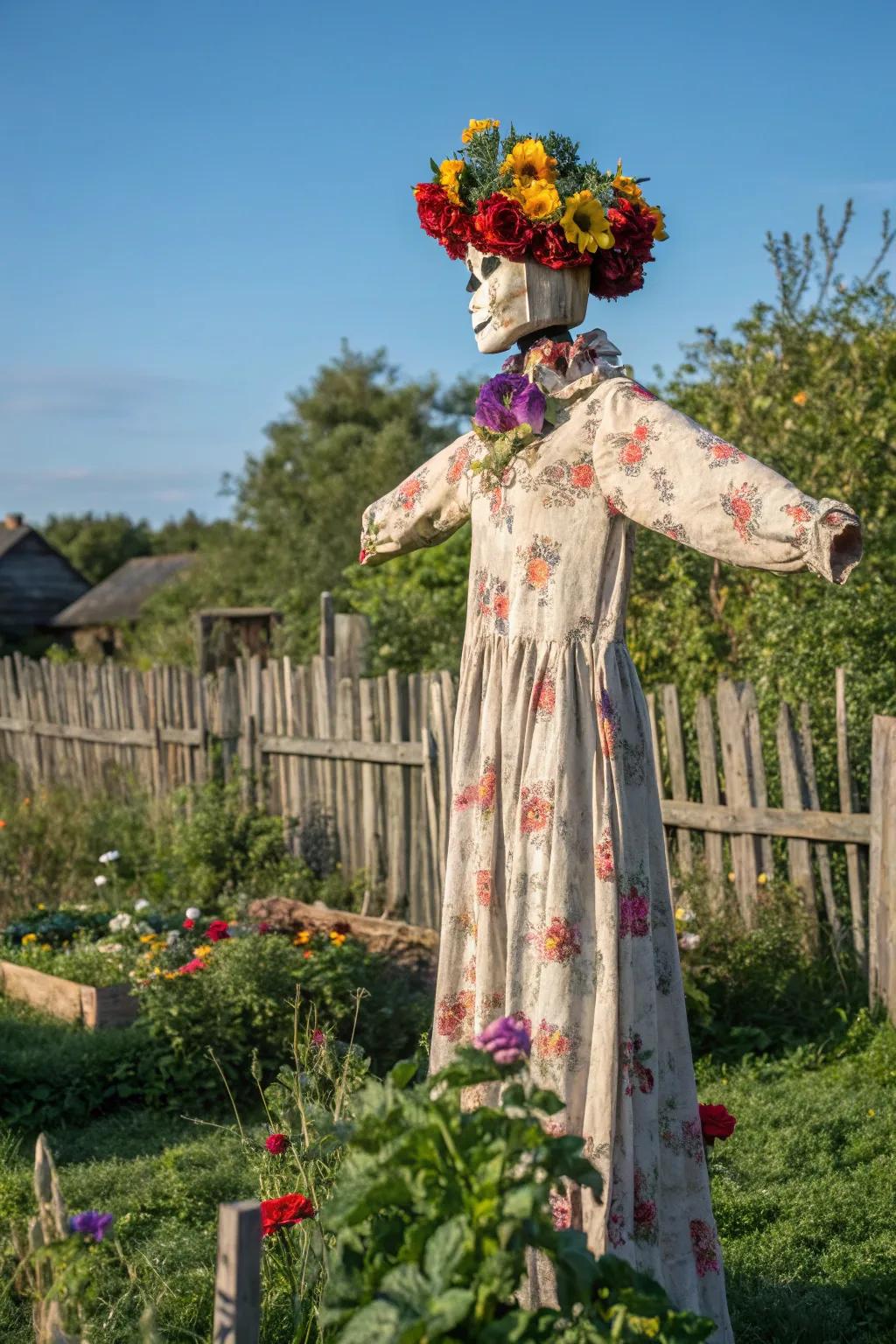 Elevate your garden with a floral-filled scarecrow masterpiece.
