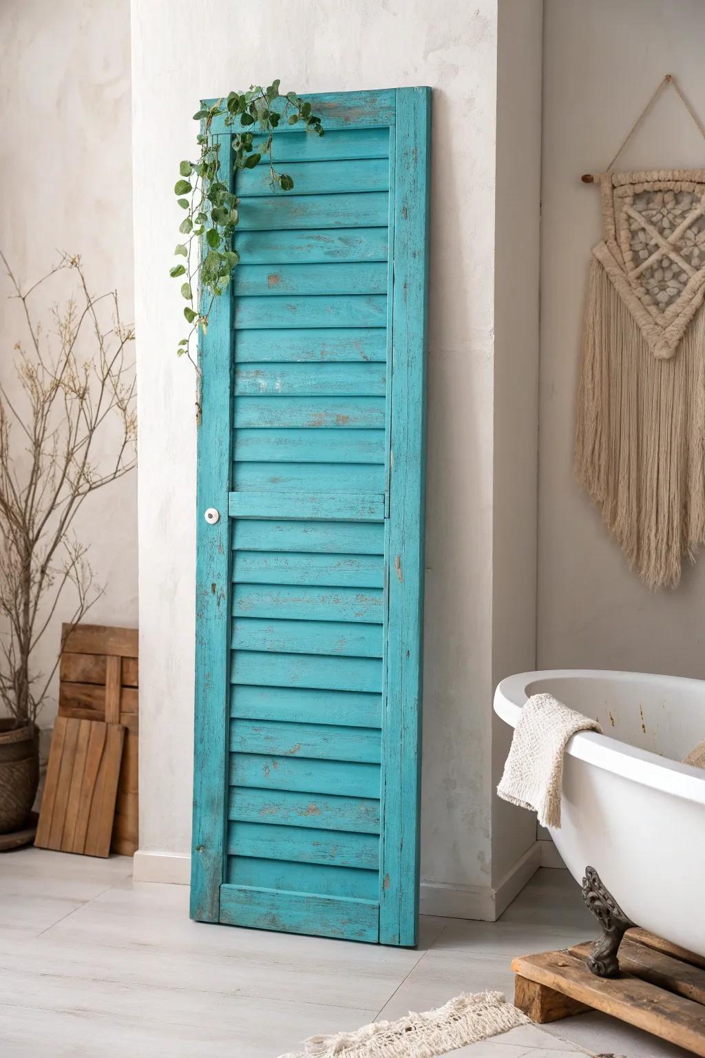 Transform your bathroom with the rustic charm of a bright, salvaged shutter surround.
