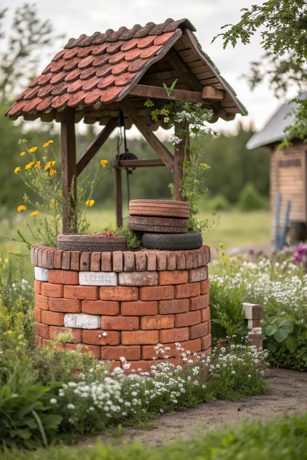 Transform old tires into a charming garden centerpiece with this recycled wishing well idea!