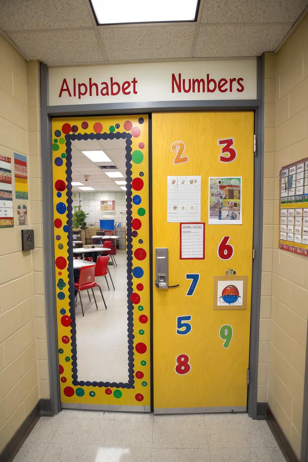 A classroom door enriched with educational elements, supporting learning from the start.