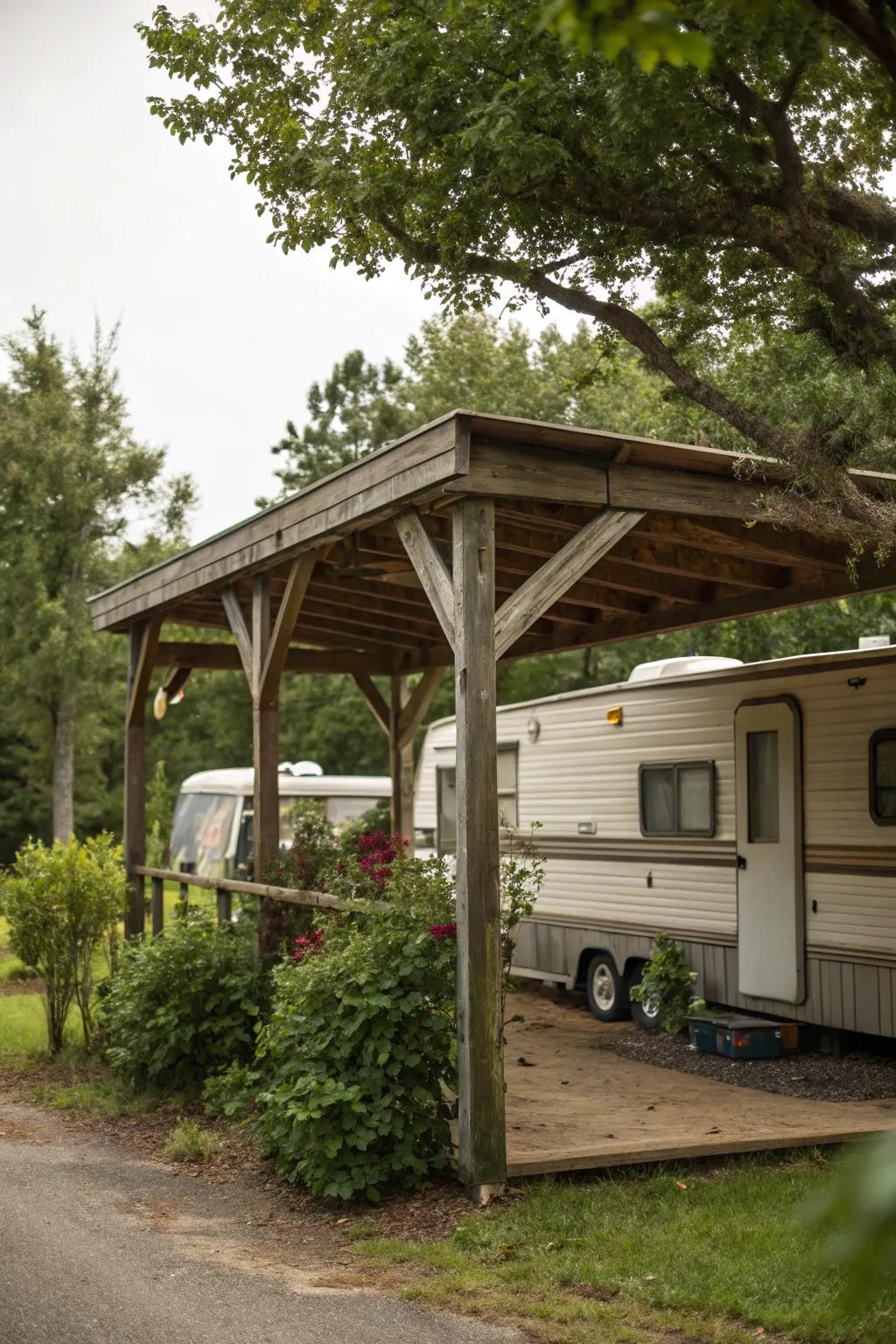 A rustic wooden carport adding character to the home environment.
