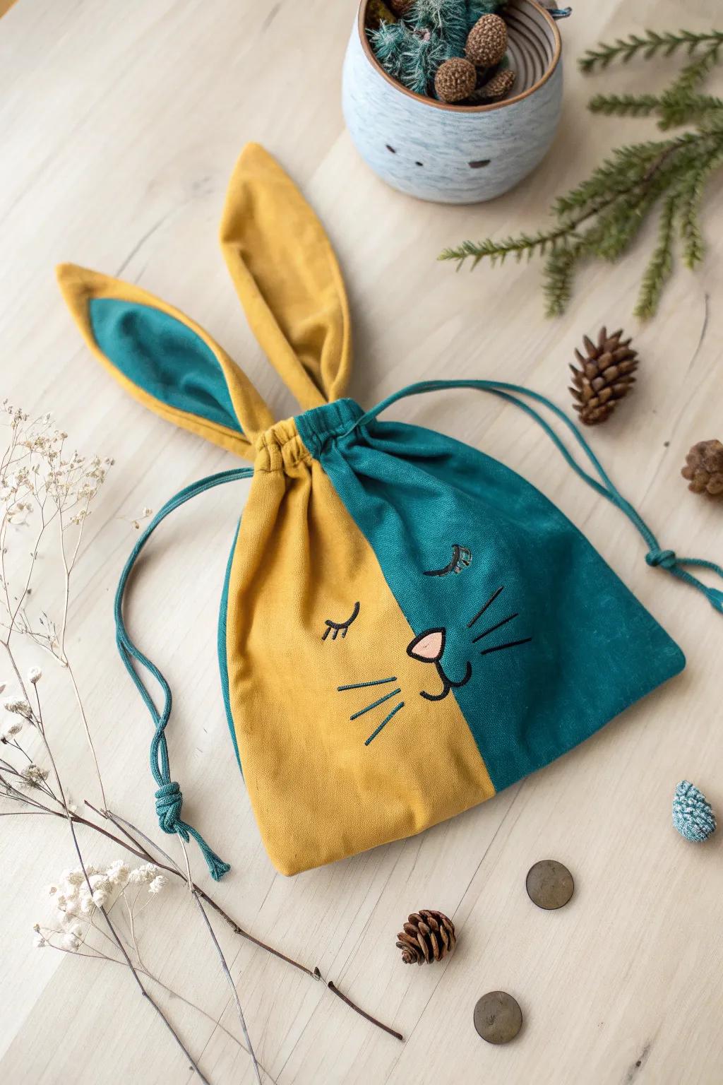 Whimsical Craft: Bring joy to your day with this playful bunny drawstring bag, where simplicity meets vibrant creativity.