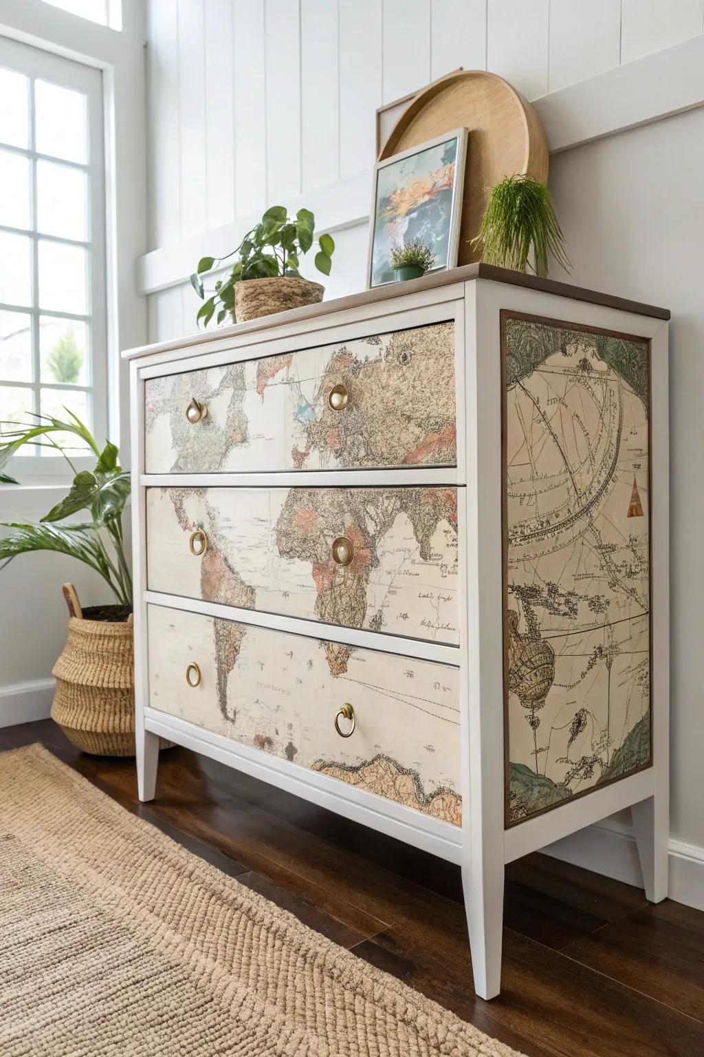 Transform your space with a touch of vintage charm and boho elegance: decoupage your dresser with timeless maps.