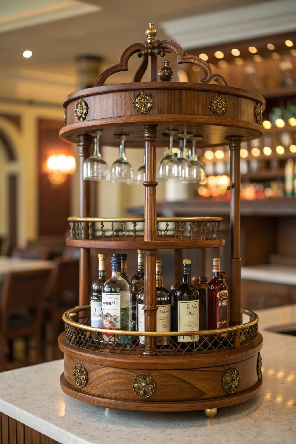 Spin your way to a perfect drink with this handcrafted carousel shelf – where elegance meets functionality.