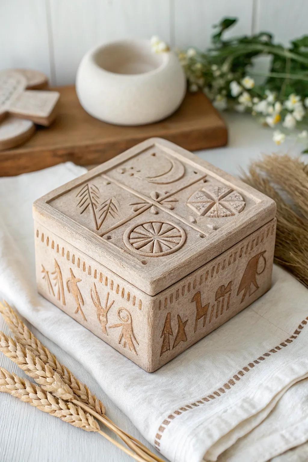 Discover the art of storytelling through intricate carvings on a minimalist clay box, where craftsmanship meets bold, natural beauty.