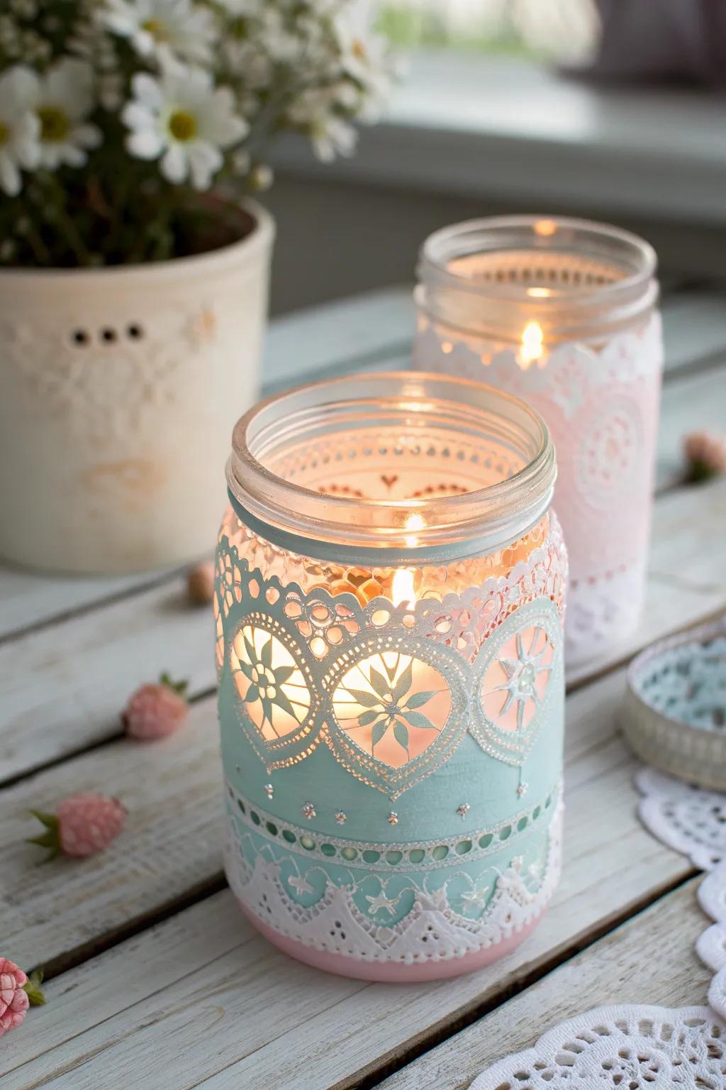 Illuminate your space with handcrafted mason jar luminaries for a cozy, artistic touch.