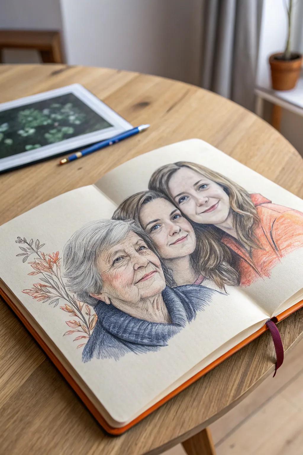Celebrate the beauty of motherhood with a generational portrait sketch—honoring the legacy of love and life. 🌿✨