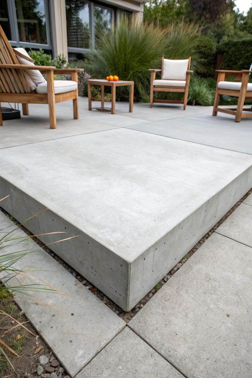 Embrace minimalist elegance with durable concrete slabs, the perfect foundation for any patio style.