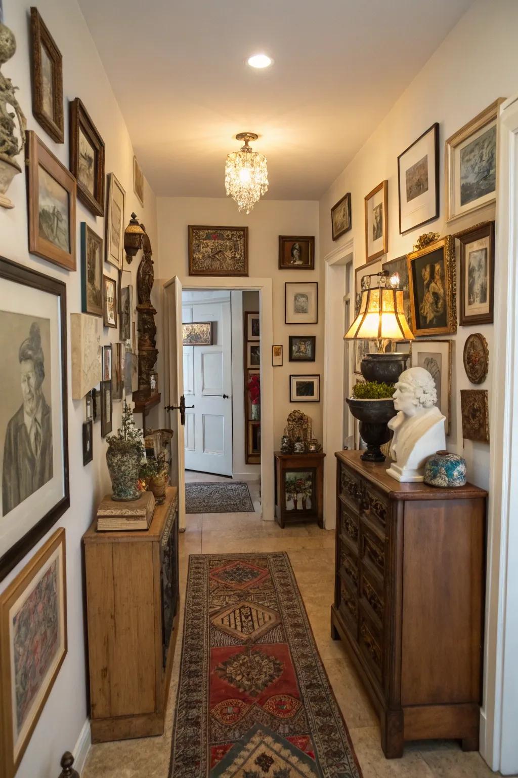 An eclectic mix of art styles adds a personal touch to the entryway.