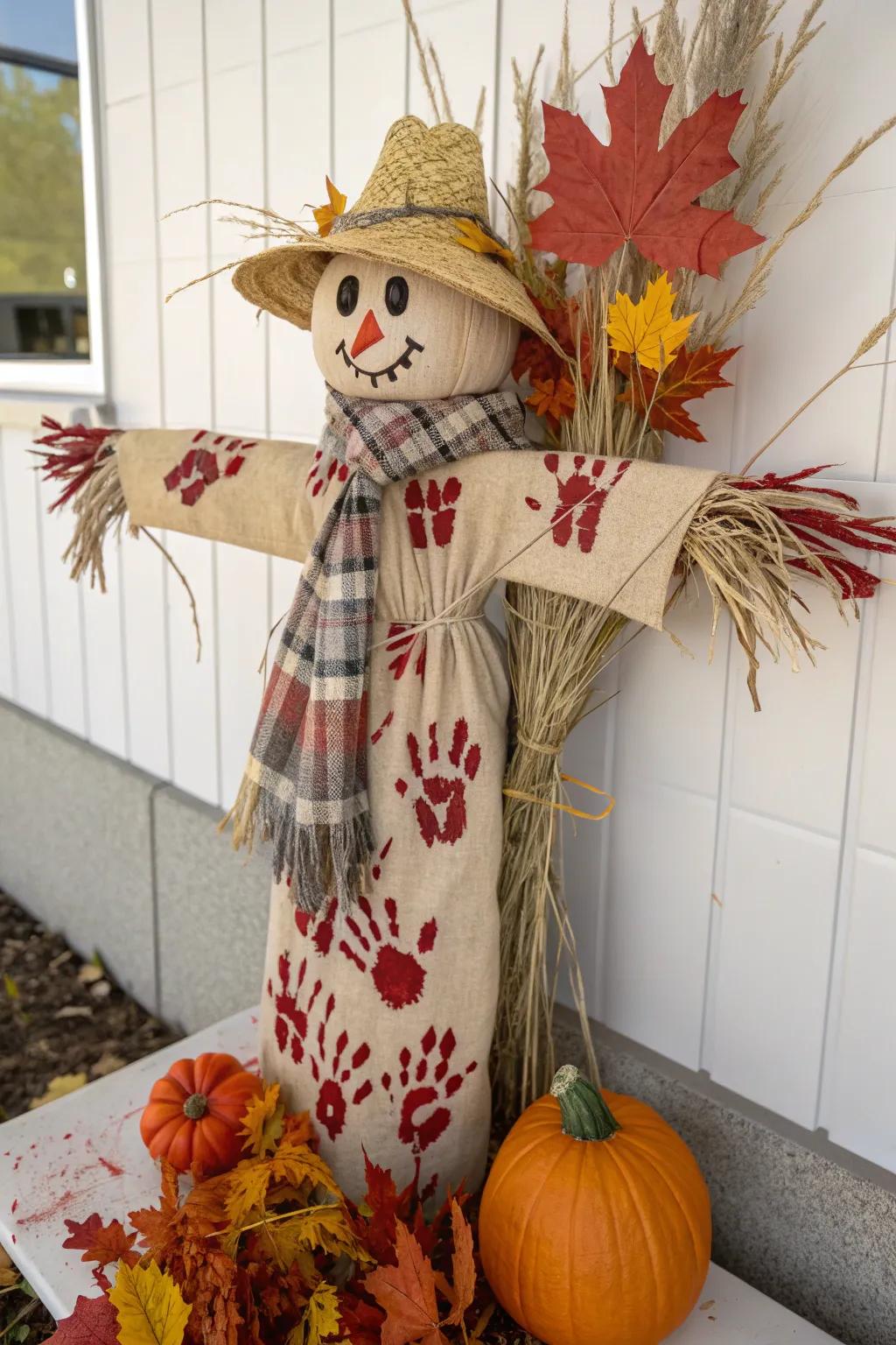 Craft your own charming scarecrow with handprint art this autumn!