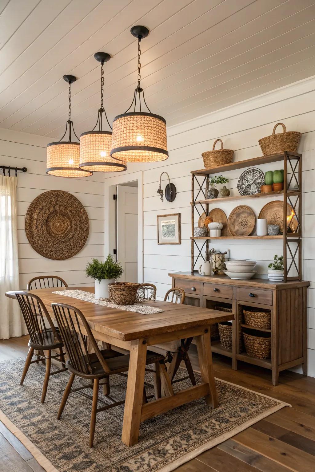 Shiplap walls provide a classic farmhouse texture in this dining room.