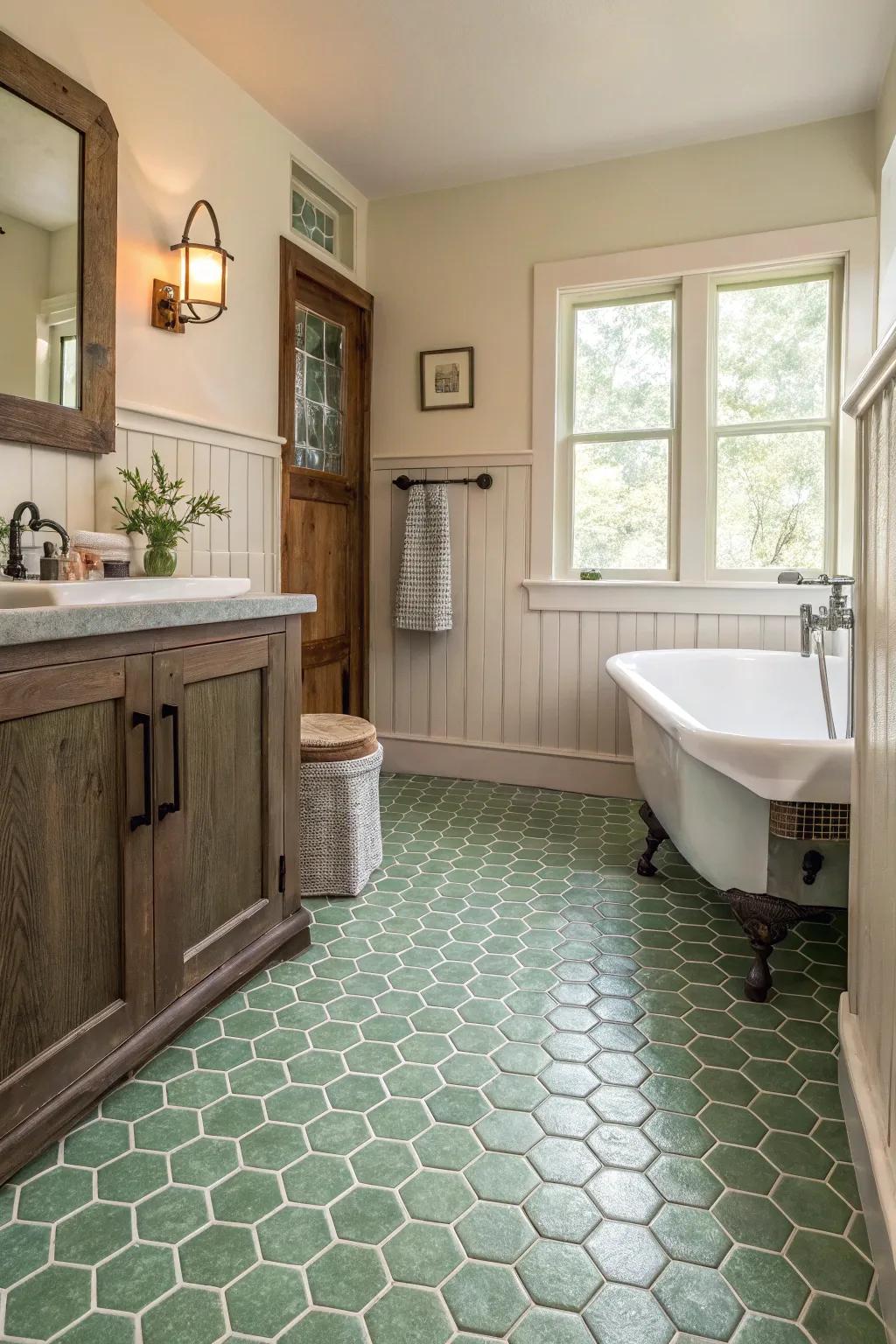 Hexagonal tiles in sage green make a stylish statement in this farmhouse bathroom.